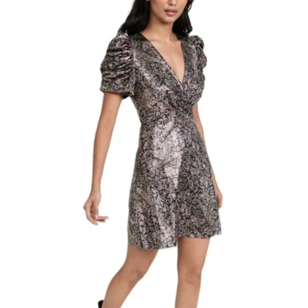 NWT ba&sh Robe Gala Metalic Paisley Mini Dress Puff Sleeve in Noir Sz L